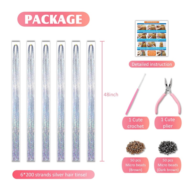 Fiwecos Silver Hair Tinsel Kit 48 Inches 1200 Strands with Tools and Instruction Easy to Install Fairy Glitter Tinsel Hair Extensions for Women and Girls，Shinny Sparkling Braiding Hair Accessories for Halloween Cosplay Party - Image 4